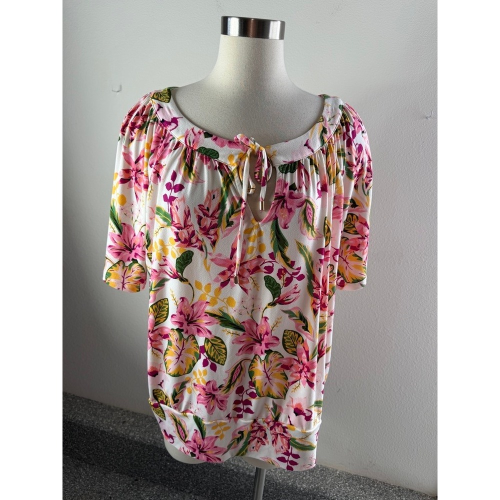 JM Collection Women Plus 2X Tropical Floral Keyhole Tie Blouse Short Sleeve